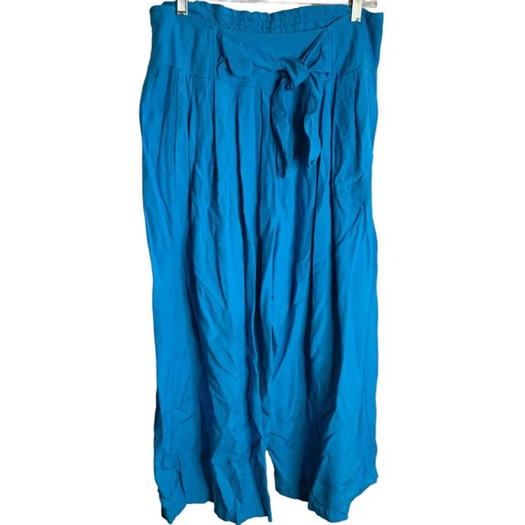 Vintage 90s Culottes Wide Leg Cropped Pants M Blue Elastic Waist Pleated Pockets - Picture 1 of 6